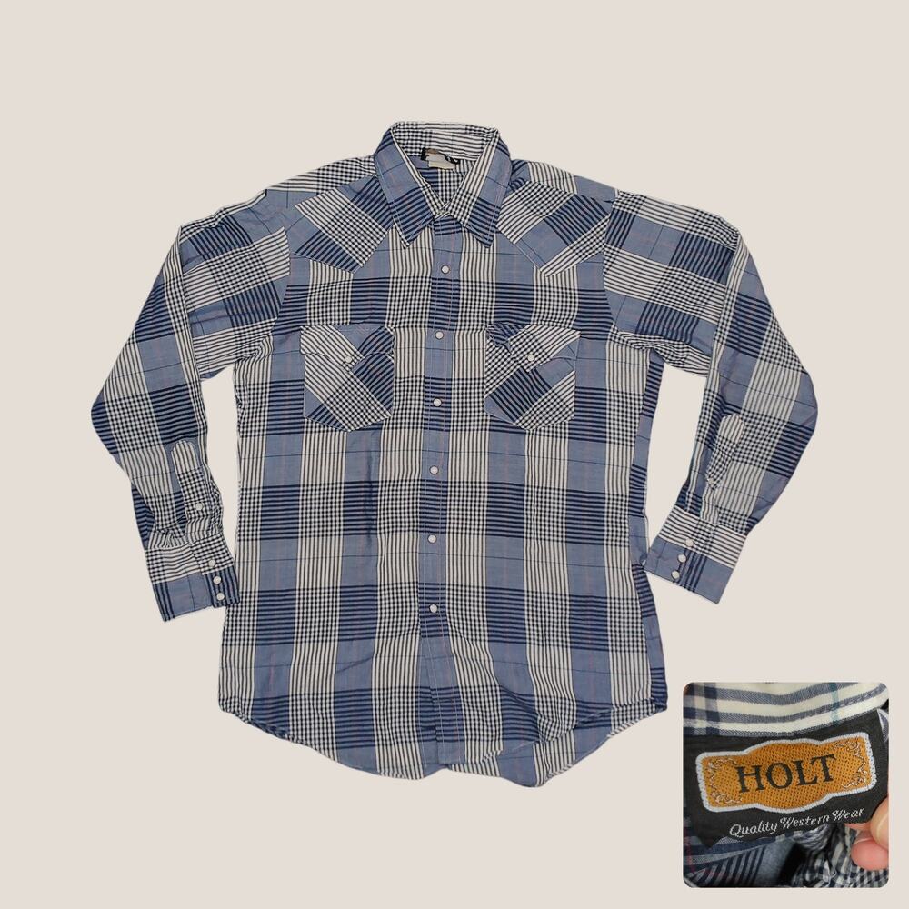 Vintage 70s Holt Western Shirt Mens M Pearl Snap Plaid Blue Yoke Made In USA